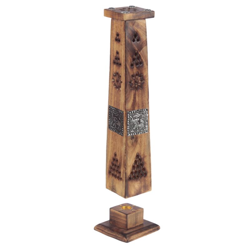 Mango Wood Ashcatcher Incense Tower Burner with Elephant Inlay